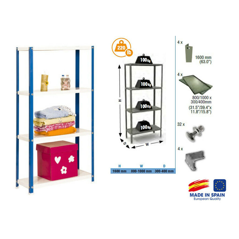 Etagère de rangement 1600x800x400mm Bleu/Blanc Charge 100Kg - Homeclassic Colour mini 4/400 - Simonrack