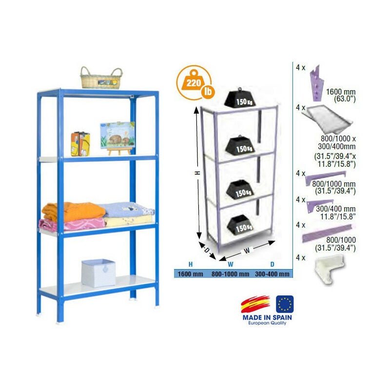 Simon Rack - Etagère de rangement 1600x800x300mm Bleu/Blanc Charge 150Kg - Homeclick Colour mini 4/300