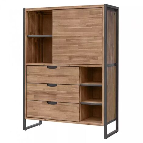 Étagère 3 tiroirs 5 niches 1 porte en bois d'acacia et métal - MAYBEL