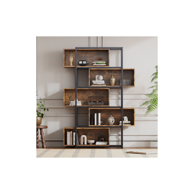 Etagère, 5 niveaux, avec étagères, grain de bois brun, avec tube en acier noir