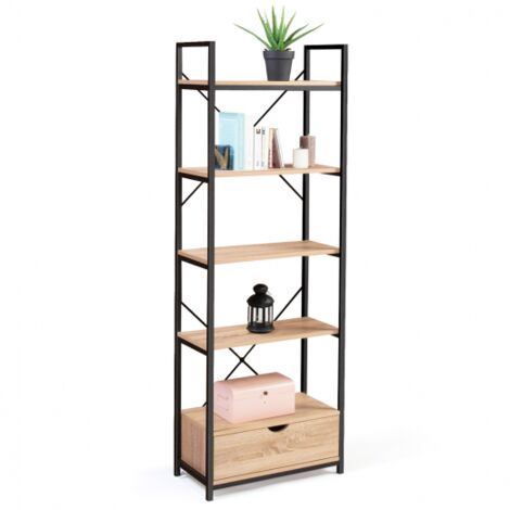 Etagère 5 niveaux avec tiroir DETROIT design industriel - Bois clair