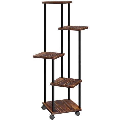 Étagère 5 Niveaux pour Plantes - Intérieur/Extérieur - Structure Acier et Plateau Bois Carbonisé - Avec Roulettes