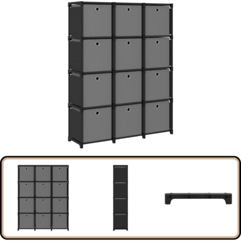 Étagère à 12 cubes avec boîtes Noir 103x30x141 cm Tissu - Étagère Bibliothèque - Meuble Rangement - Étagère Design - Étagère Tissu - Étagère Ouverte