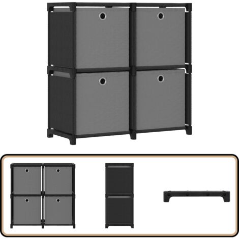 Étagère à 4 cubes avec boîtes Noir 69x30x72,5 cm Tissu - Bibliothèque - Étagère - Meuble De Rangement - Organisation Intérieur - Design Moderne