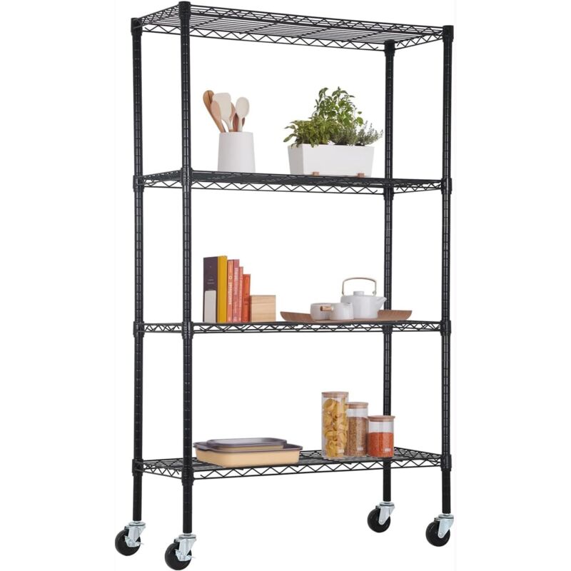 Tagère à 4 Niveaux 91x35x147cm, Style industriel, Avec roues mobiles,Planches réglables, Noir,stockage cave,Étagère de Garage
