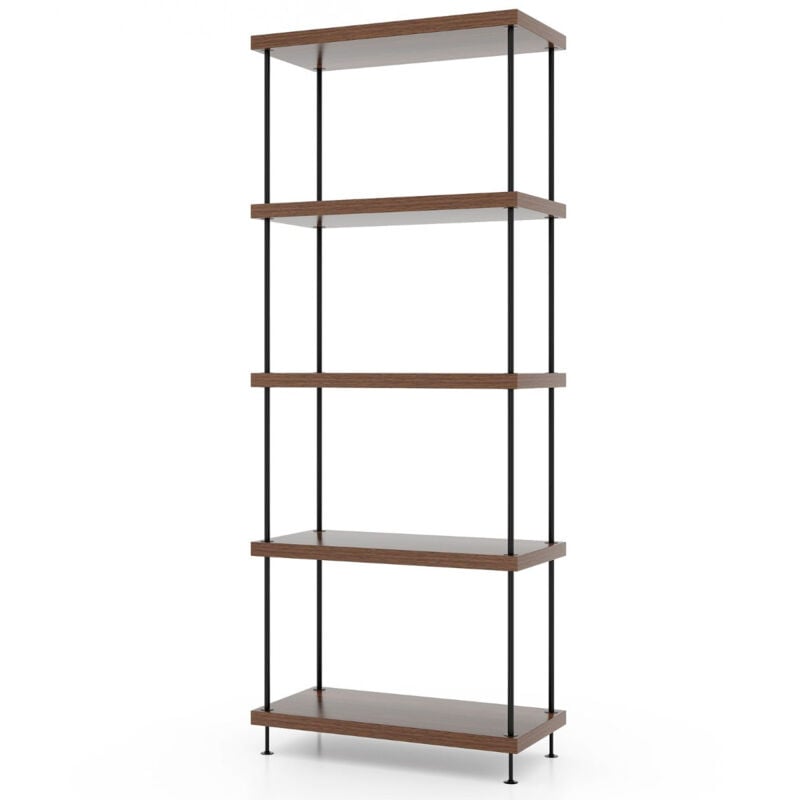 Etagère à 5 niveaux bibliothèque autoportante avec cadre en métal étagère de rangement de style industriel finition grain de bois noyer