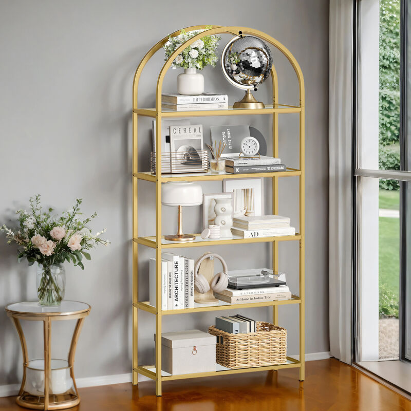 Étagère à 5 Niveaux en Verre trempé bombée, Structure en Acier, pour Salon, Salle d'étude, Salle de Bain, Couleur dorée