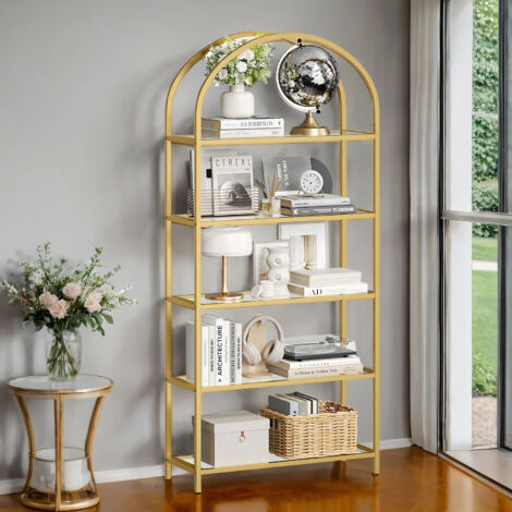 Étagère à 5 Niveaux en Verre trempé bombée, Structure en Acier, pour Salon, Salle d'étude, Salle de Bain, Couleur dorée