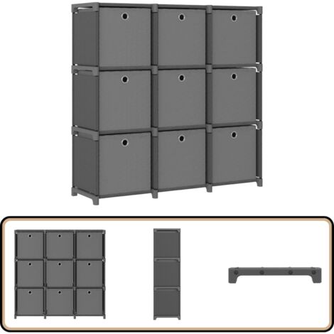 Étagère à 9 cubes avec boîtes Gris 103x30x107,5 cm Tissu - Bibliothèque - Étagère - Meuble De Rangement - Organisation Intérieur - Design Moderne