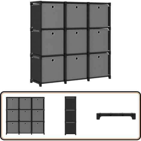 Étagère à 9 cubes avec boîtes Noir 103x30x107,5 cm Tissu - Bibliothèque - Étagère - Meuble De Rangement - Organisation Intérieur - Design Moderne