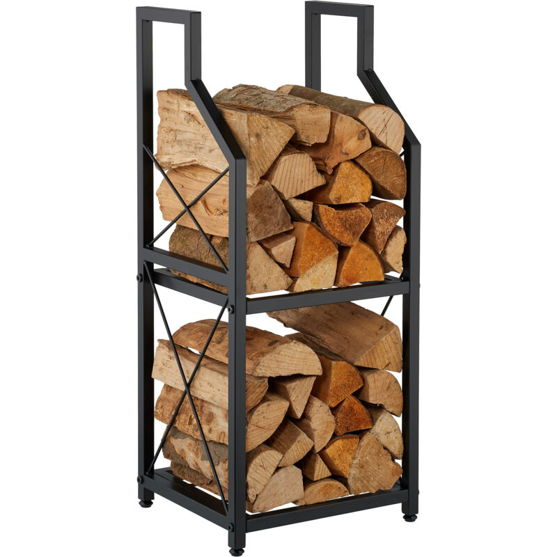 Étagère à bois Relaxdays, 2 niveaux, métal, H x l x P : 81,5 x 34,5 x 30,5 cm, étagère intérieure, support à bois, noire