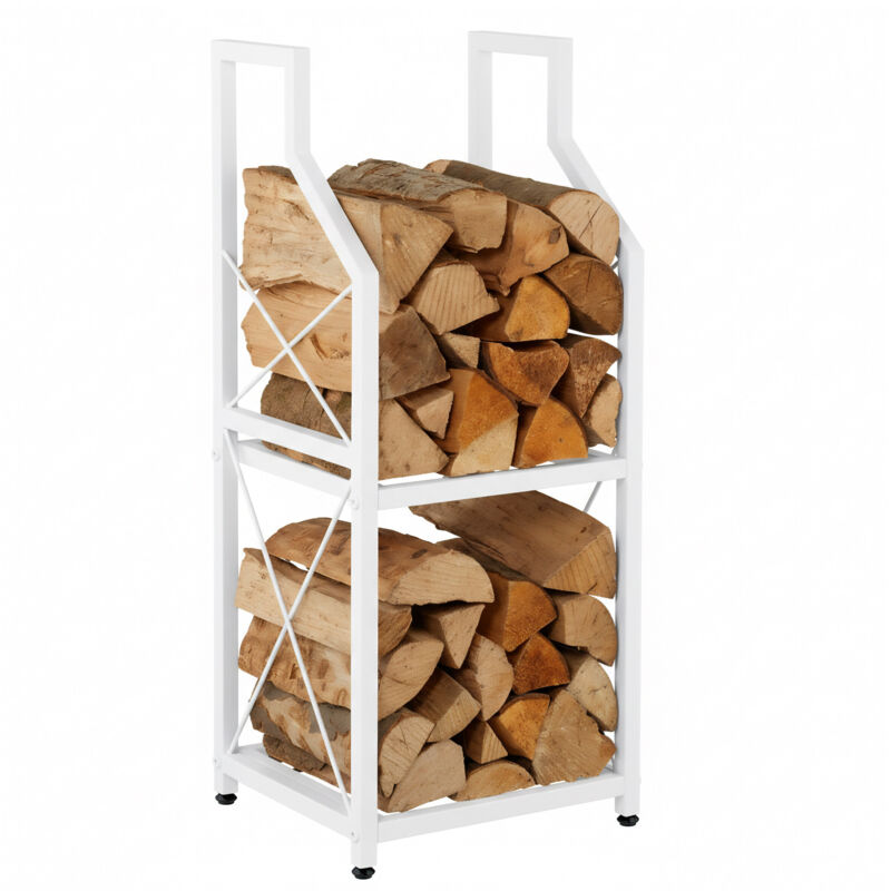 Étagère à bois Relaxdays, 2 niveaux, métal, H x L x P : 81,5 x 34,5 x 30,5 cm, rangements pour bois de chauffage, blanc