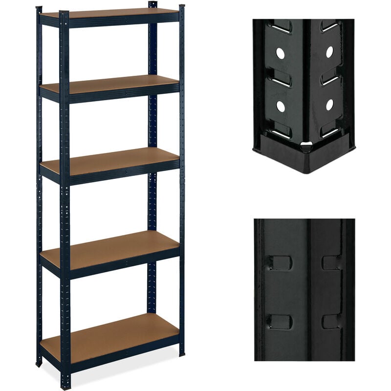 Tagère à charge lourde, 5 niveaux, HxLxP : 180x70x30 cm, jusqu'à 500 kg, cave, garage, stockage, acier, noir - Relaxdays