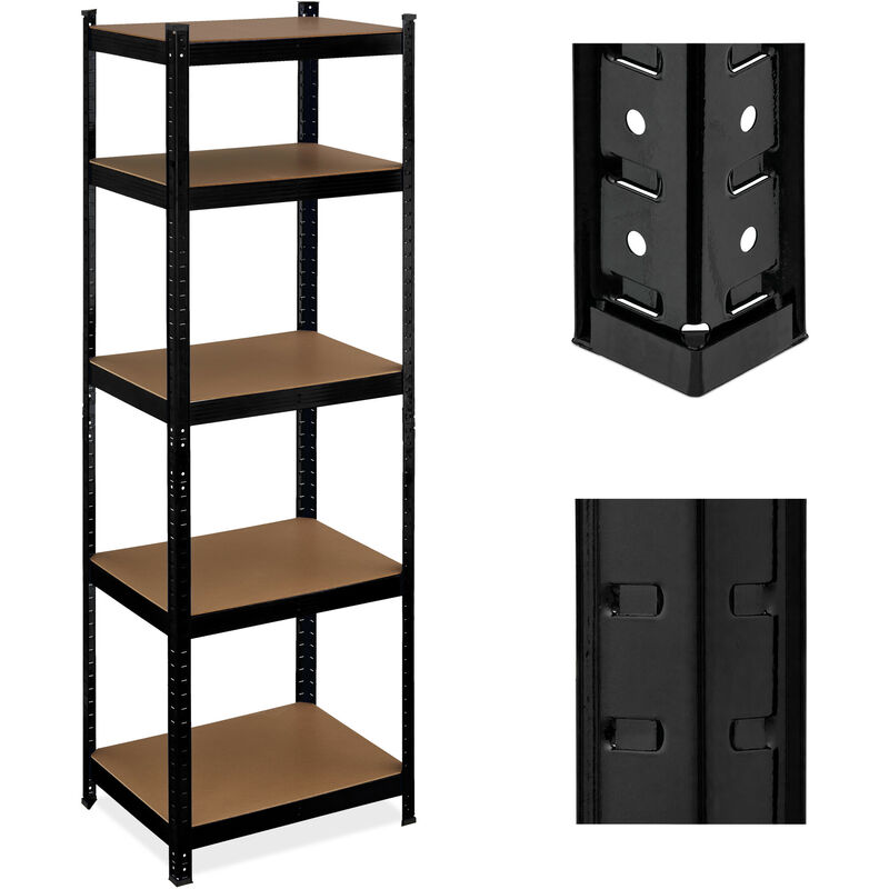 Tagère à charge lourde, HxLxP : 180x60x45 cm, jusqu'à 500 kg, 5 niveaux, cave, garage, stockage, acier, noir - Relaxdays