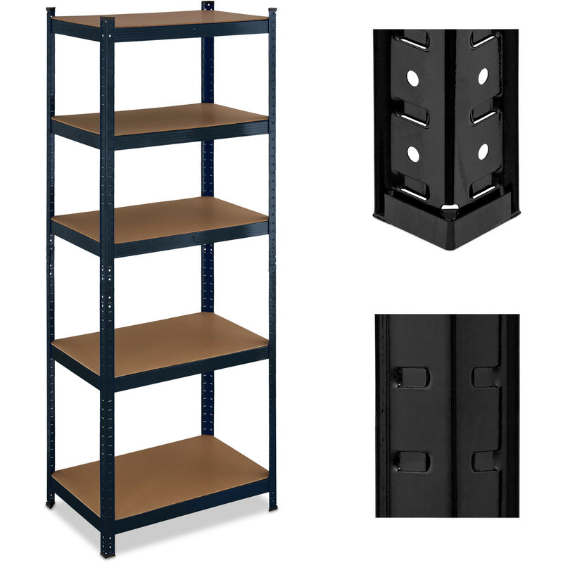 Tagère à charge lourde, HxLxP : 180x70x45 cm, jusqu'à 500 kg, acier & mdf, 5 niveaux, garage, stockage, noir - Relaxdays