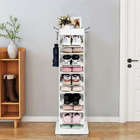 Etagère à chaussure à 9 niveaux, base pivotant de 360° avec crochet de suspension sur côté