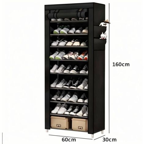 Étagère à chaussures 10 niveaux 60x30x160 cm - Armoire en tissu noir avec housse de protection - Range-chaussures pour talons. pantoufles et chaussures de sport