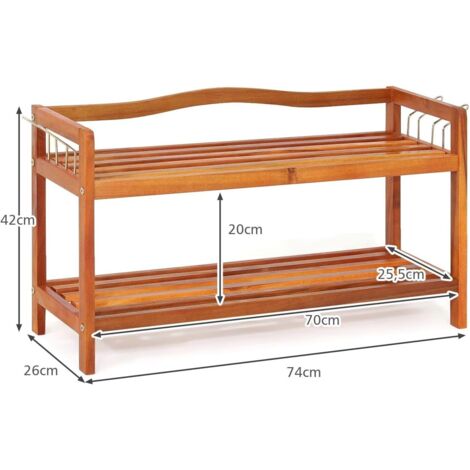 Étagère à Chaussures à 2 Niveaux 10 Paires, Porte-Chaussures en Bois d'Acacia avec Crochets Métalliques Latéraux, pour Entrée, Salon, Chambre