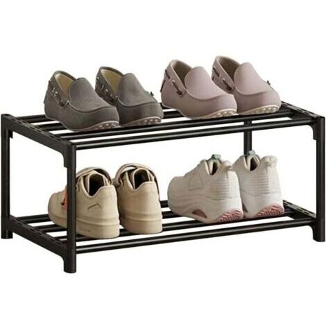 Étagère à chaussures à 2 niveaux, rangement, revêtement antirouille, compacte, fine et étroite, empilable, idéale pour les chambres d'étudiant, les appartements en location et les balcons, noire