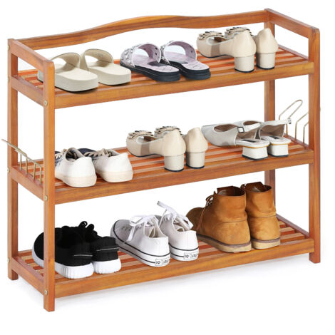 Étagère à Chaussures à 3 Niveaux 12 Paires, Porte-Chaussures en Bois d'Acacia avec Crochets Métalliques Latéraux, pour Entrée, Salon, Chambre