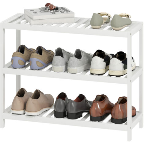 Étagère à chaussures à 3 niveaux en bambou, finition laquée blanche, pour chaussures et rangements.
