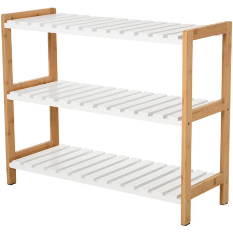 Étagère à chaussures à 3 niveaux, porte-chaussures en bois de pin avec 3 étagères à lattes, pour salon, entrée, 70 x 26 x 57,5 cm, blanc et effet bois naturel