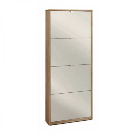 Étagère à chaussures à 4 portes miroir, 63 cm (L) x 18 cm (P) x 154 cm (H), finition noyer, Sarmog