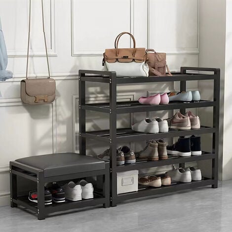 Étagère à Chaussures à 5 étages, SDLOGAL Banc à Chaussures avec d’assise en Faux cuir, Capacité 12-17 paires, Armature métallique, pour entrée, Salon, Couloir, Salle de Bain, Noir