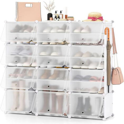 Étagère à Chaussures à 8 Niveaux Armoire à Chaussures en Plastique pour 48 Paires avec Crochet de Suspension Latéral Réglable Blanc