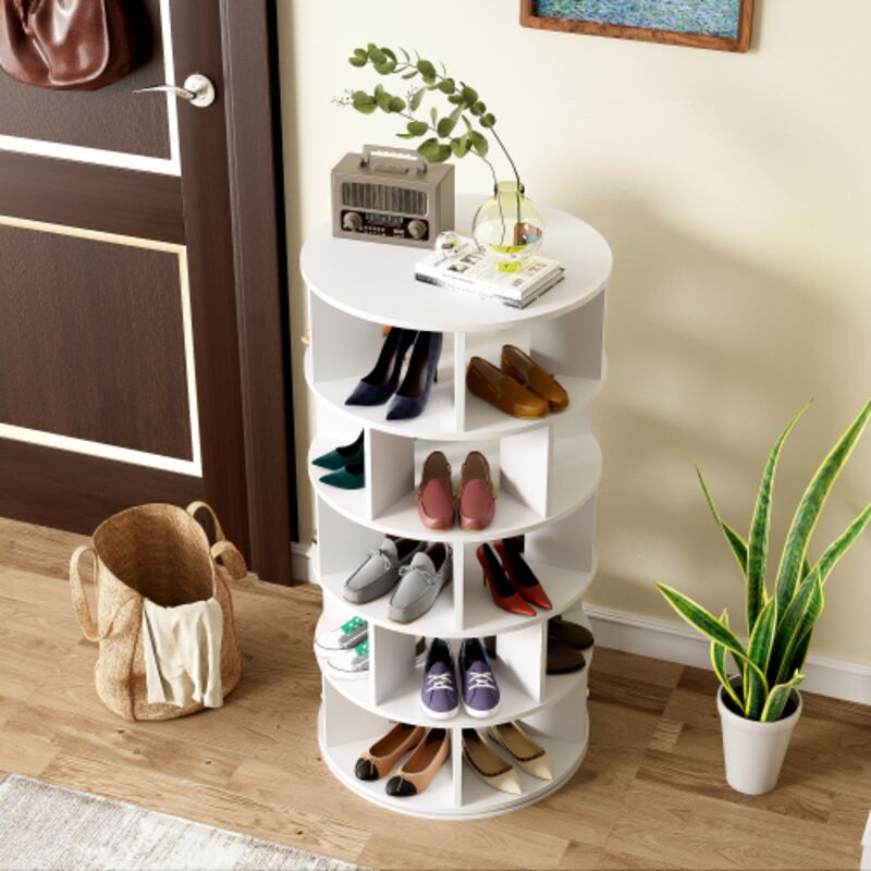 Étagère à Chaussures, Angle Tournant, Blanc Rond, 5 niveaux, Hauteur 115 cm, Largeur 60 cm