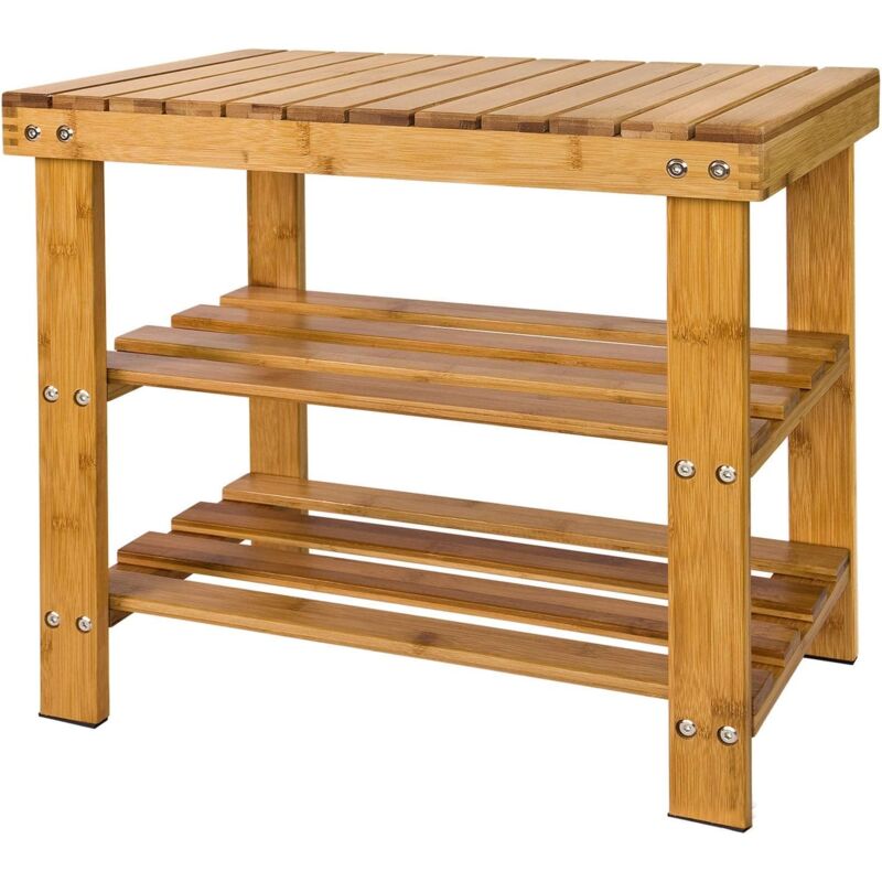 Etagère à chaussures, Banquette en bambou haute de gamme, Rangement chaussure/salle de bain, Petit modèle L50xP29xH45cm (vernis naturel) Sobuy