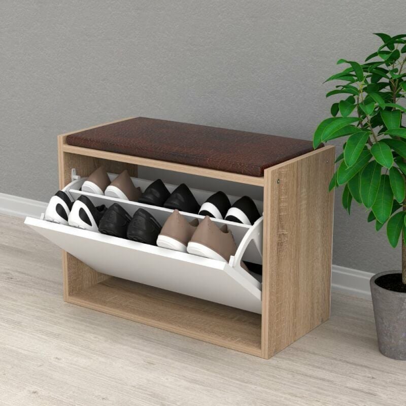 Étagère à chaussures coffre Susa en blanc et sonoma avec coussin rembourré