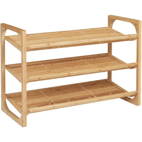 Etagère à chaussures en bambou 76x33x51cm, 3 étages avec poignées, bois