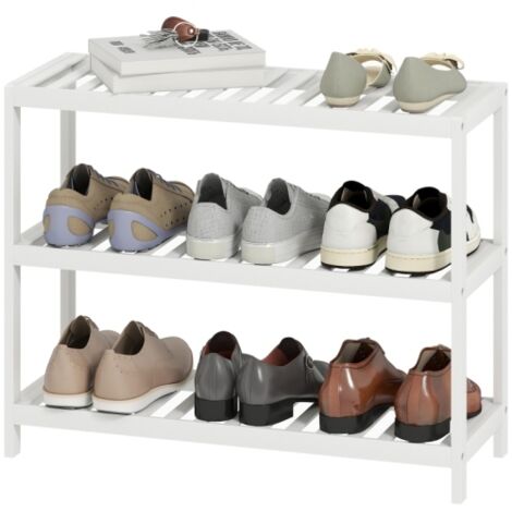 Étagère à chaussures en bambou à 3 niveaux avec surface laquée, blanche