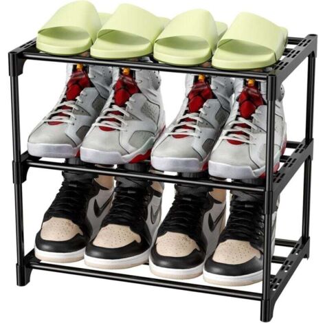 Étagère à chaussures en métal, rangement à chaussures à 3 niveaux, étagère à chaussures légère, empilable pour 6 paires de chaussures, support à chaussures pour couloir, salon, chambre, entrée (noir 4