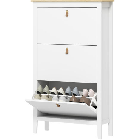 Étagère à chaussures étroite à 3 compartiments avec poignées en similicuir pour couloirs et entrées, 80 x 24 x 131 cm, blanc et bois