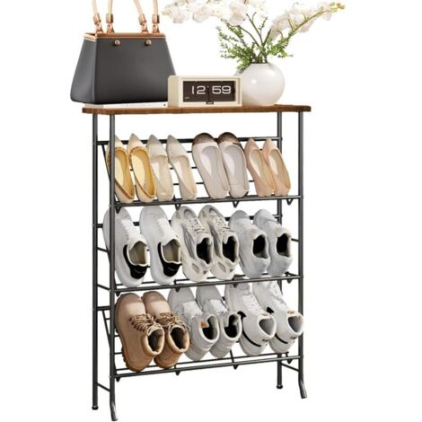 Étagère À Chaussures Étroite En Métal, Petite Étagère À Chaussures Empilable À 4 Niveaux, Rangement Pour 12 À 16 Paires De Chaussures, Idéale Pour L'entrée, Le Couloir, Le Salon Ou La Chambre.