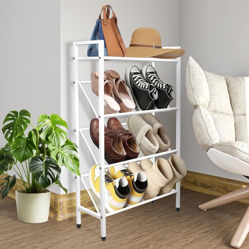 Étagère À Chaussures Étroite, Peu Encombrante, En Métal Blanc, À 4 Niveaux, Idéale Pour L'entrée, Le Couloir Ou Le Salon. Dimensions : 50 cm De