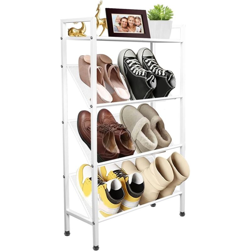 Étagère à chaussures, étroite, peu encombrante, en métal, blanche, avec 4 niveaux, pour entrée, couloir, salon, 50 cm de large, 20 cm de profondeur,