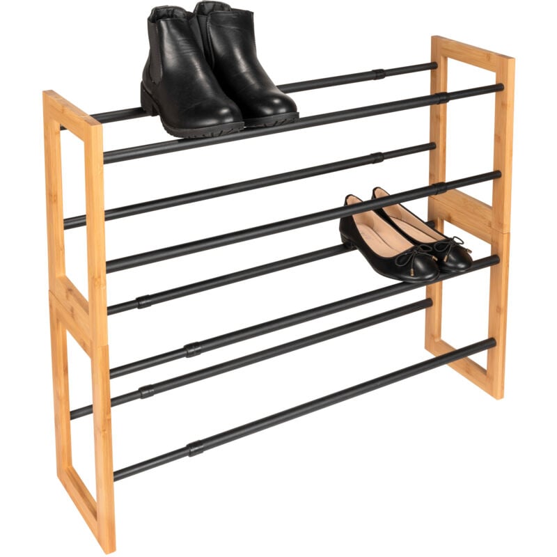 Wenko - tagère à chaussures extensible Ecori Empilable, Barres métal antidérapantes, Bambou fsc® et métal, 61,5-108,5 cm, Bois et noir