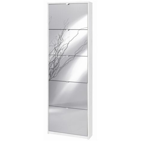 Étagère à chaussures mince avec cinq portes miroir en blanc Ossido 63x18x h190 cm