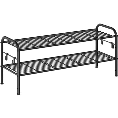 Étagère à Chaussures, Organiseur de Chaussures à 2 Niveaux, en Métal avec 4 Crochets Latéraux, pour 10 Paires, Réglable en Hauteur, pour Entrée, Couloir, Placard, Montage Facile, Noir d'Encre
