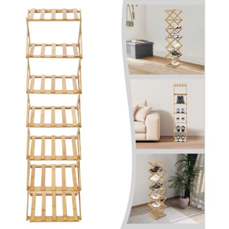Étagère à chaussures pliable en bambou Étagère à chaussures pour entrée, placard, chambre, couloir Nature Fonctionnelle Multifonctionnelle Effet bois 7 niveaux 26 x 26 x 105 cm