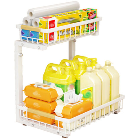 Etagère à épice à 2 Niveaux, Tiroir Organisateur, Porte-épices, Panier Coulissant sous Evier,Garde-Manger, Bureau,Hauteur Réglable,40x30x42-48CM,blanc