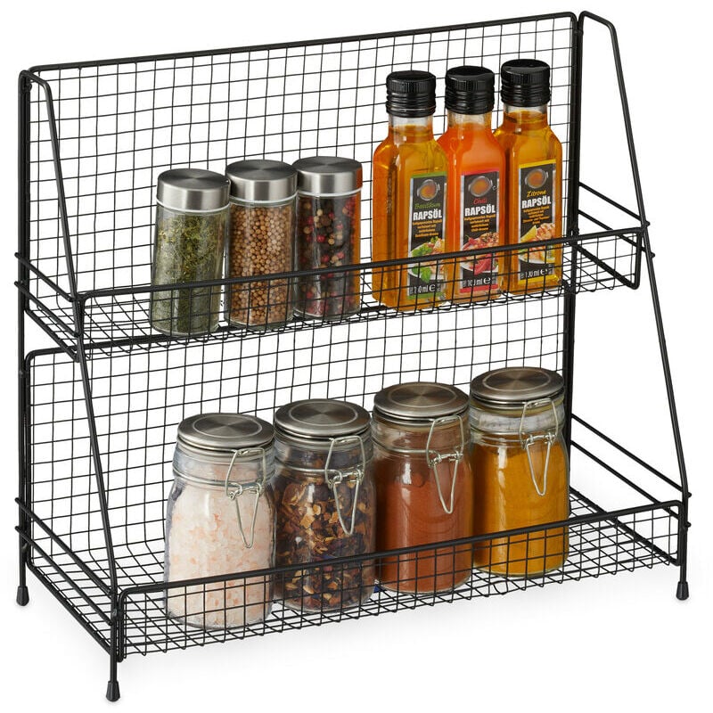 Étagère à épices, 2 niveaux, métal, rangement pour herbes, autonome, présentoir HxLxP 35 x 40 x 16 cm, noir