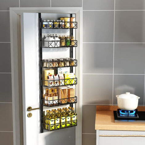 Étagère à épices à 6 niveaux avec crochet de porte, Etagere a Epices en Métal pour Epices, fixation murale et au-dessus de la porte, étagère à épices pour cuisine, garde-manger, porte, armoire, Noir