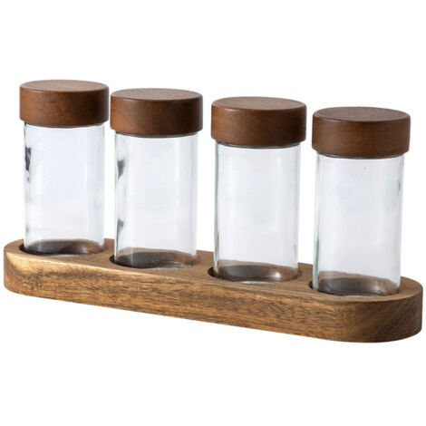 Étagère à épices avec 4 bocaux/récipients pour ranger les épices du quotidien. Bocaux transparents avec couvercle, adaptés à un usage en cuisine.