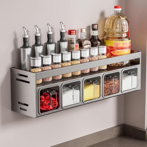 Étagère à épices avec boîtes à épices, étagère à épices debout et murale, pots à épices avec étagère, support à épices, organisateur d'épices pour cuisine