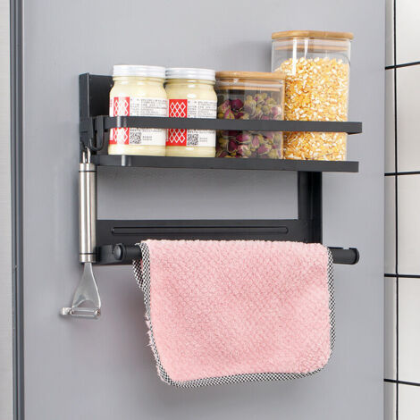 Étagère à épices avec porte-rouleau – Étagère murale magnétique en acier inoxydable, sans perçage, avec 4 crochets pour la cuisine et la salle de bain, noire