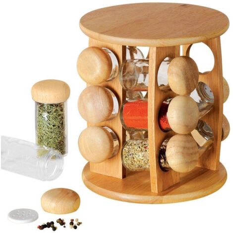 Étagère à épices avec récipients, en bois, rotative, 13 pièces.